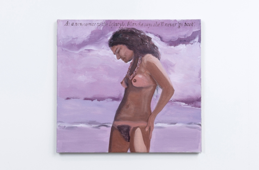 A Painting of a naked woman on a beach with a purple sky: Blanche says she'll never 'go back', oil on linen, 61 x 66 cm